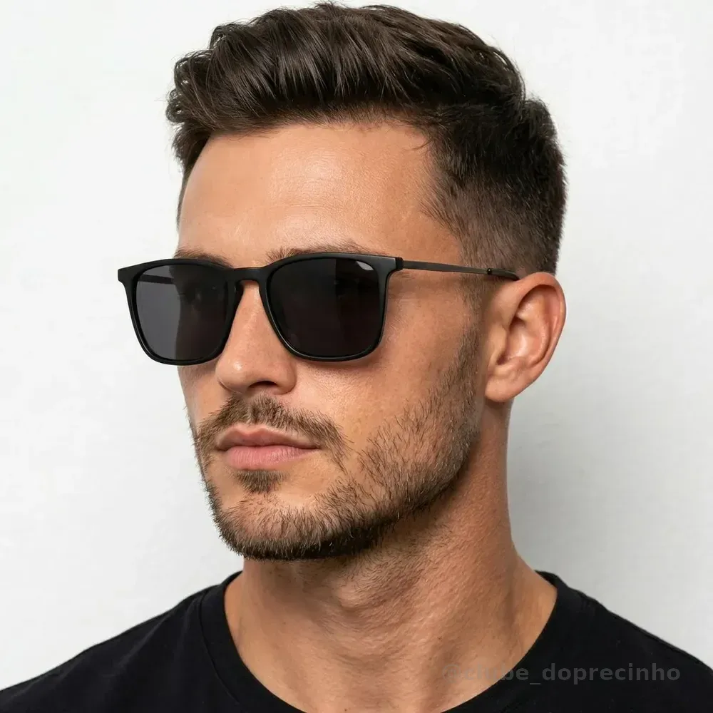 Óculos Sol Quadrado Masculino Leaf Metal Acetato Proteção Uv Armação Preta/ Lente Preta (oculos Preto Masculino, Oculos Preto De Homem)