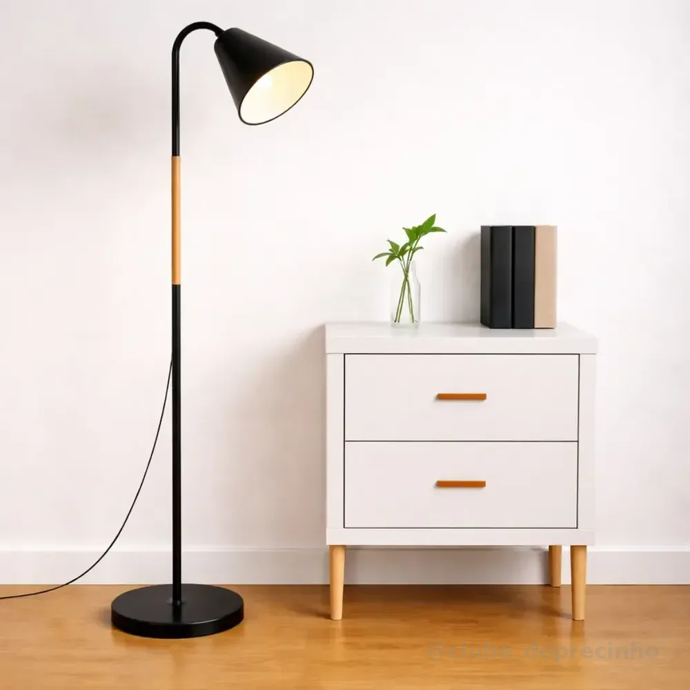 Luminária Abajur Metal Articulada Pedestal Chão Coluna Leitura Cúpula Preto Flexivel 1,6m 110v 220v Bravvi
