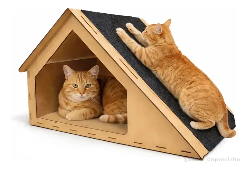 Casinha Gato Toca Arranhador Madeira Mdf Carpete 30x47x36cm - ACB Torneados em Madeiras