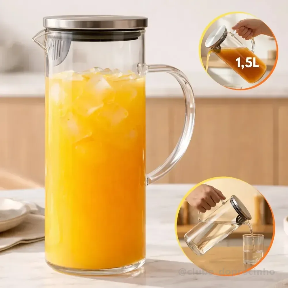 Jarra Vidro Borossilicato 1,5 Litros Tampa Inox Hermética Agua Suco Transparente