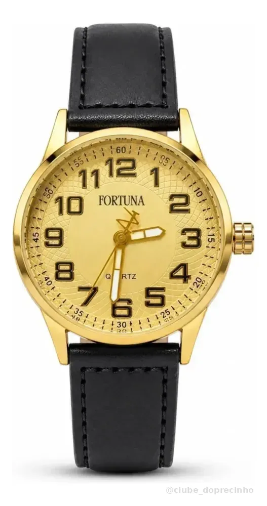 Relógio De Pulso Masculino Fortuna Old Money Minimalista Preto Cx Dourada