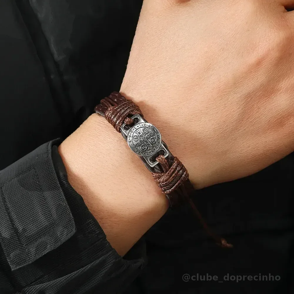 Pulseira Masculina Couro Medalha São Bento Premium Ajustável Marrom 18 Cm