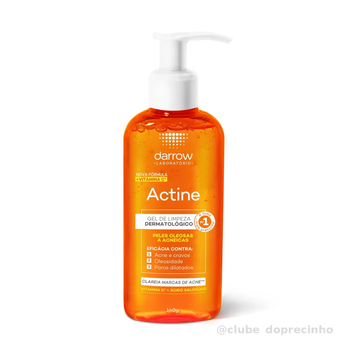 Darrow Actine Gel de Limpeza Dermatológico Facial com Ácido Salicílico, Vitamina C e Lactato de Mentila, Redução de 86% da Acne e -90% Oleosidade Imediatamente, 140g