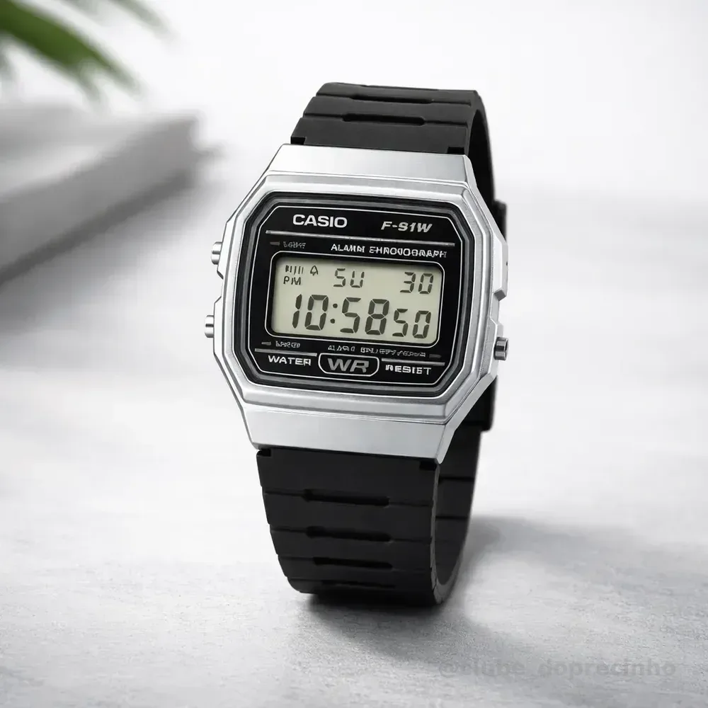 Relógio Casio Vintage Unissex Digital Preto Borracha F-91wm Preto Prateado