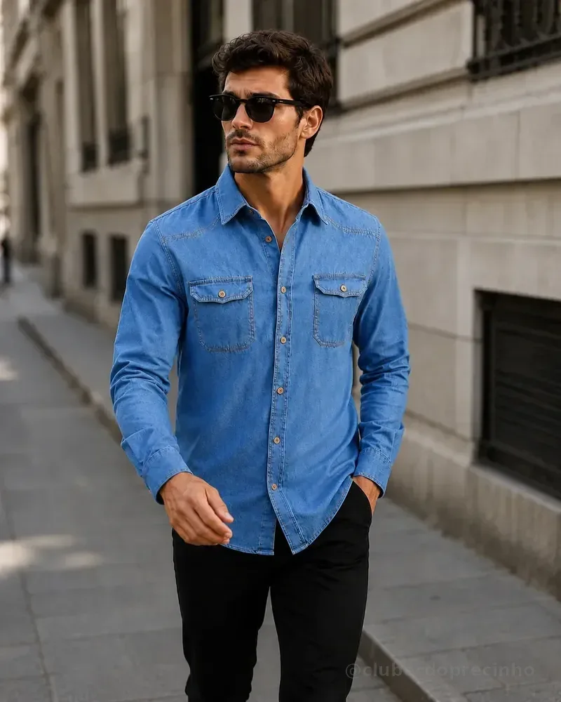 Camisa Jeans Masculina Social Slim Manga Longa Jeans Medio P