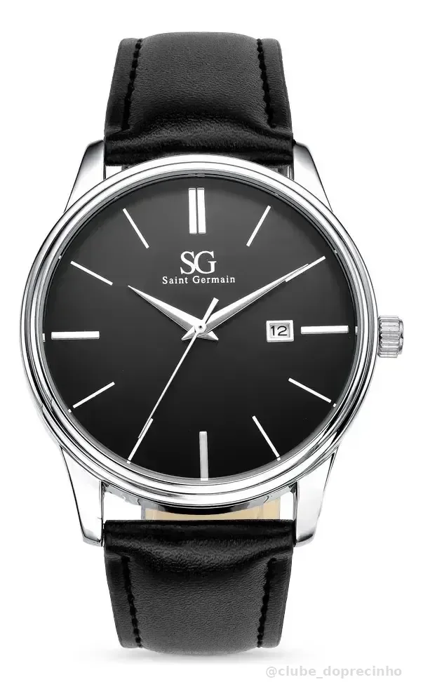 Relógio Masculino Chrowl Saint Germain Pulseira Couro Caixa Prateada Fundo Preto 42mm Clássico