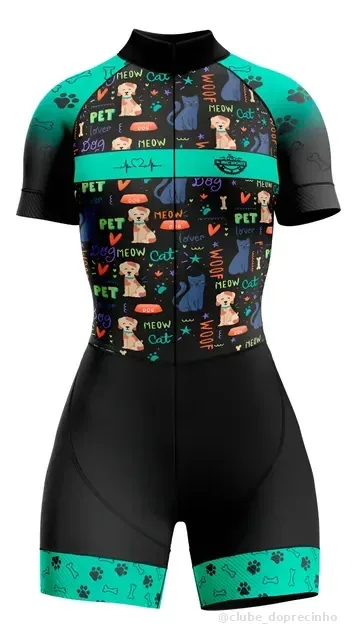 Macaquinho Conjunto Ciclismo Feminino Cães Azul Celeste Uv50