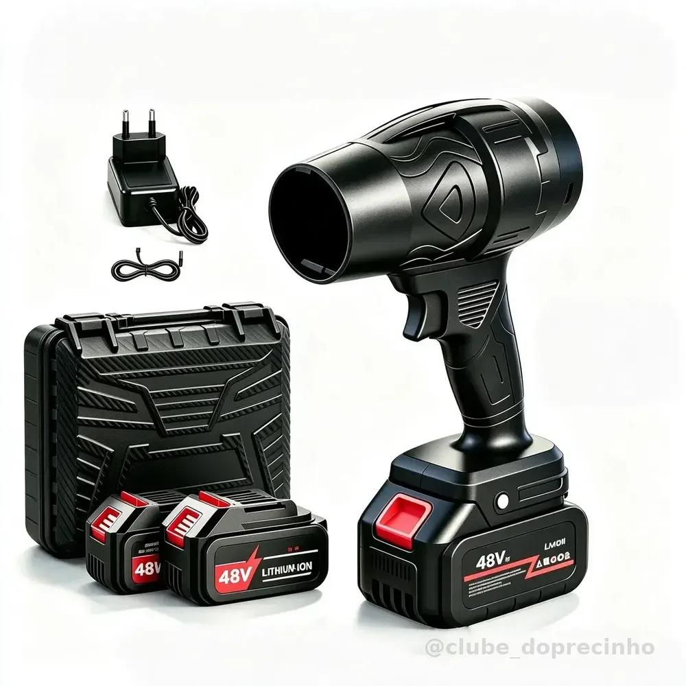 Soprador Turbo Sem Fio 48V Portátil Mini de Mão, Bivolt com 2 Baterias Lítio Alta Potência, Soprador Forte para Limpeza Automotiva, Jardim, Casa e Remoção de Serragem e Folhas