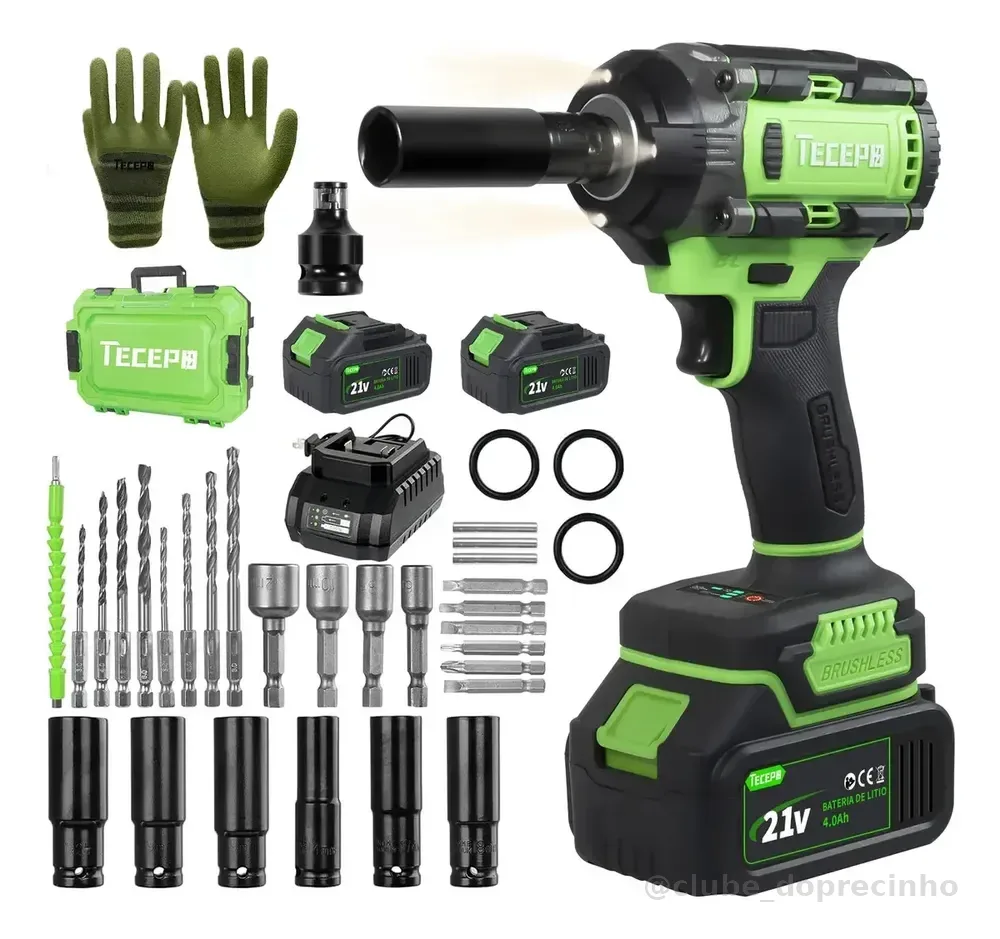 Chave De Impacto 400n.m Sem Escova Tecepo Com 2 Baterias 4ah Verde-limão 60hz