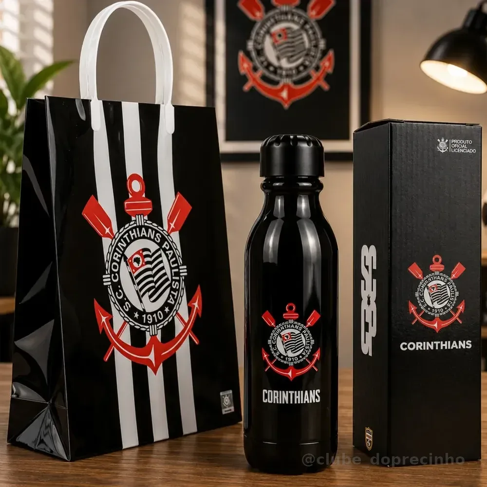 Kit Presente Corinthians Garrafa Squeeze 600ml Sacola Timão