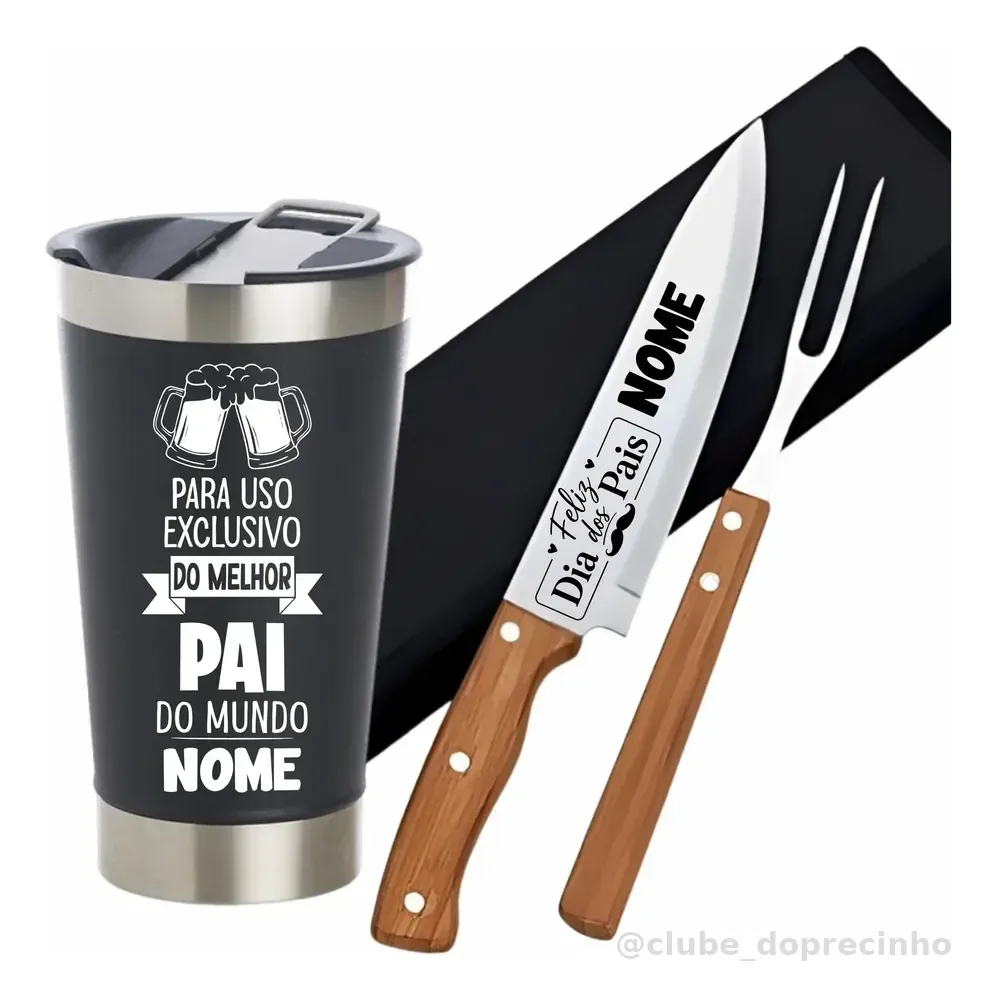 Kit Churrasco Copo Térmico Personalizado Dia Dos Pais Nome Preto