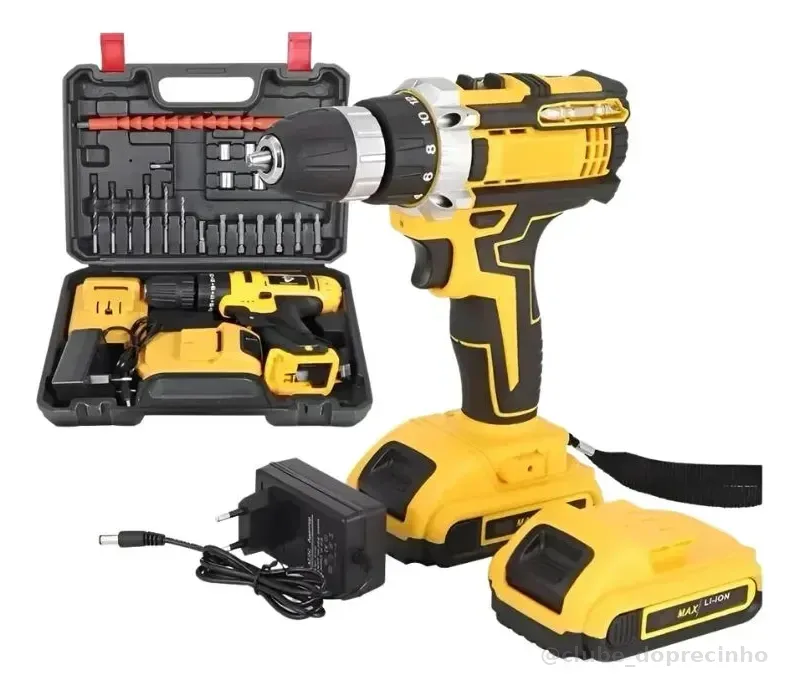 Parafusadeira Furadeira Elétrica 21v Com 2 Baterias + Maleta Amarelo 127/220v 50hz