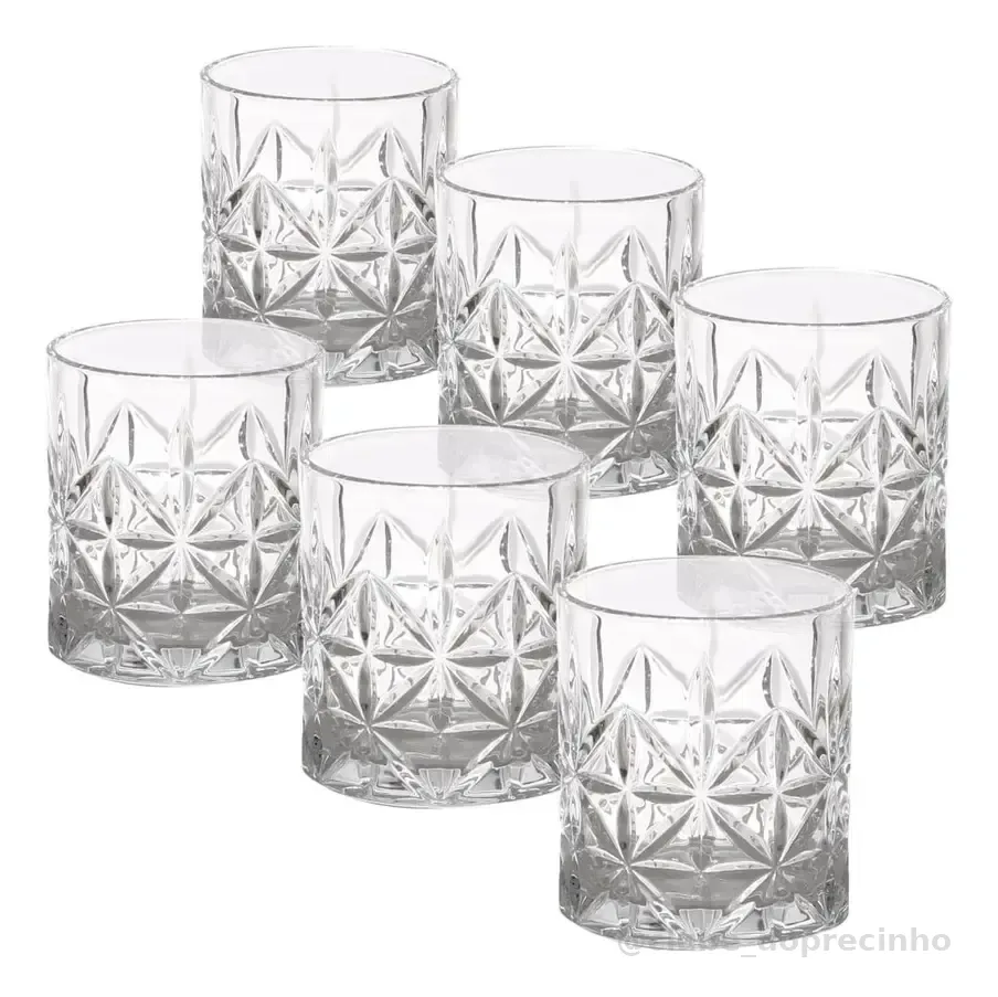 Jogo 6 Copos Baixos De Vidro Lapidado - Whisky, Água, Drinks Transparente