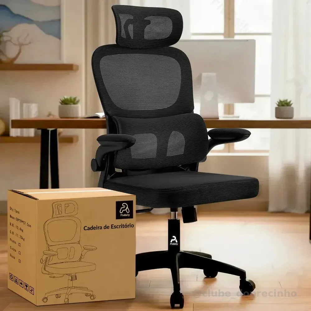 Cadeira de Escritório Ergonômica FivDaily C600 Preta, com Apoio de Cabeça e Suporte Lombar