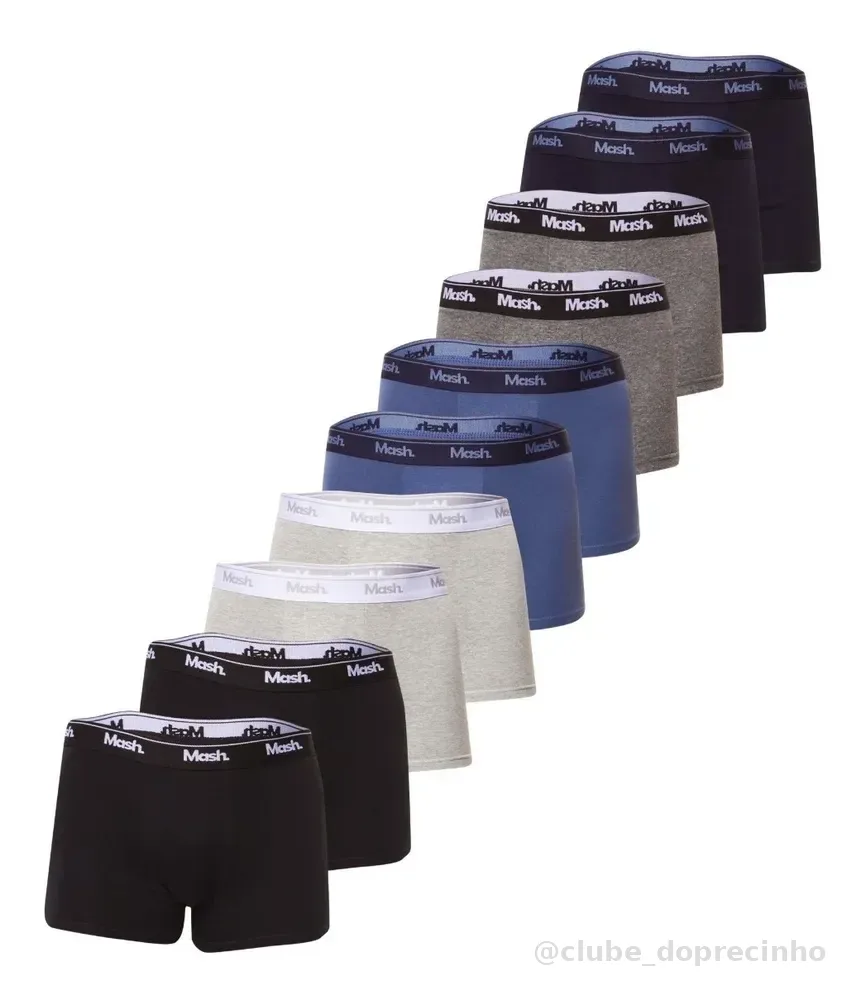Kit Com 10 Cuecas  Masculina Boxer De Algodão Mash Lisas Azul Marinho/ Azul Jeans/ Cinza Mescla Claro/ Cinza Mescla Escuro/ Preto Liso G