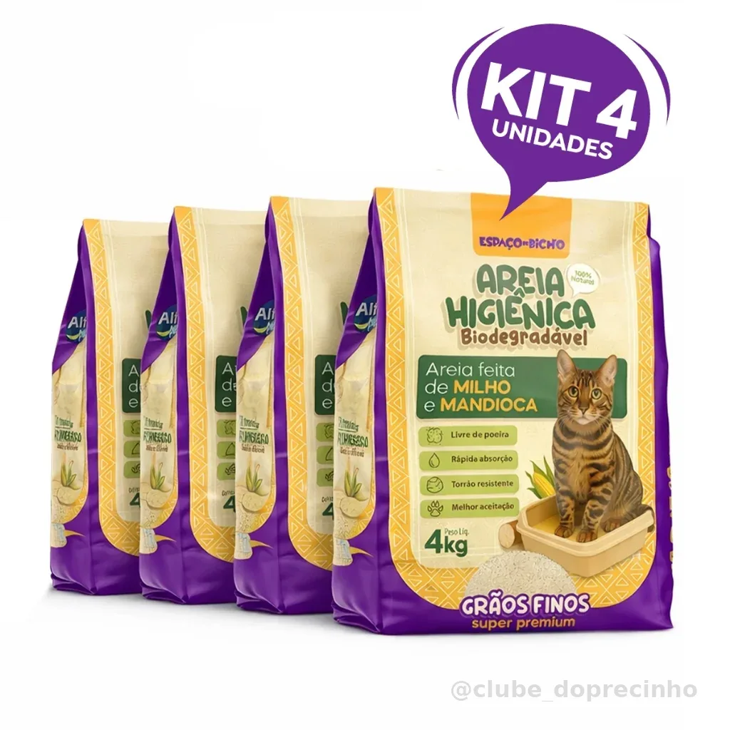 Kit 4 Areia Higiênica Biodegradável Espaço De Bicho Grãos Finos Milho e Mandioca (100% Natural)