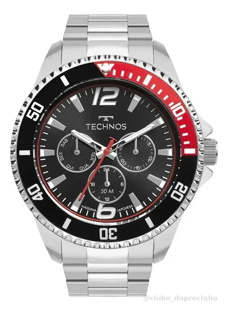 Relógio Technos Masculino 6P29ALE/1P Analógico 46 Milímetros Multifunção em Aço Inoxidável Multifunção com Calendário e Prova D´Agua 50m