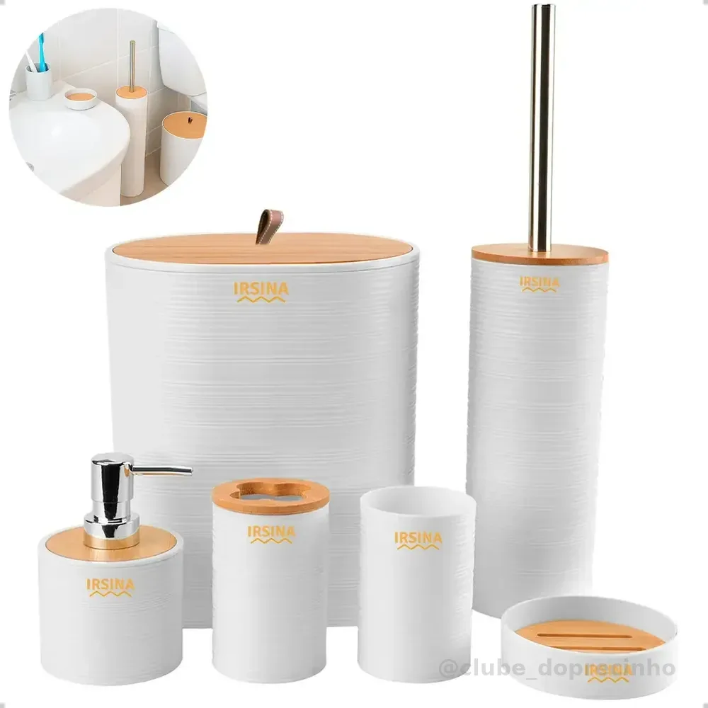 Kit Banheiro Conjunto De Acessórios Moderno Bambu Lixeira Saboneteira Escova Cor Branco Irsina