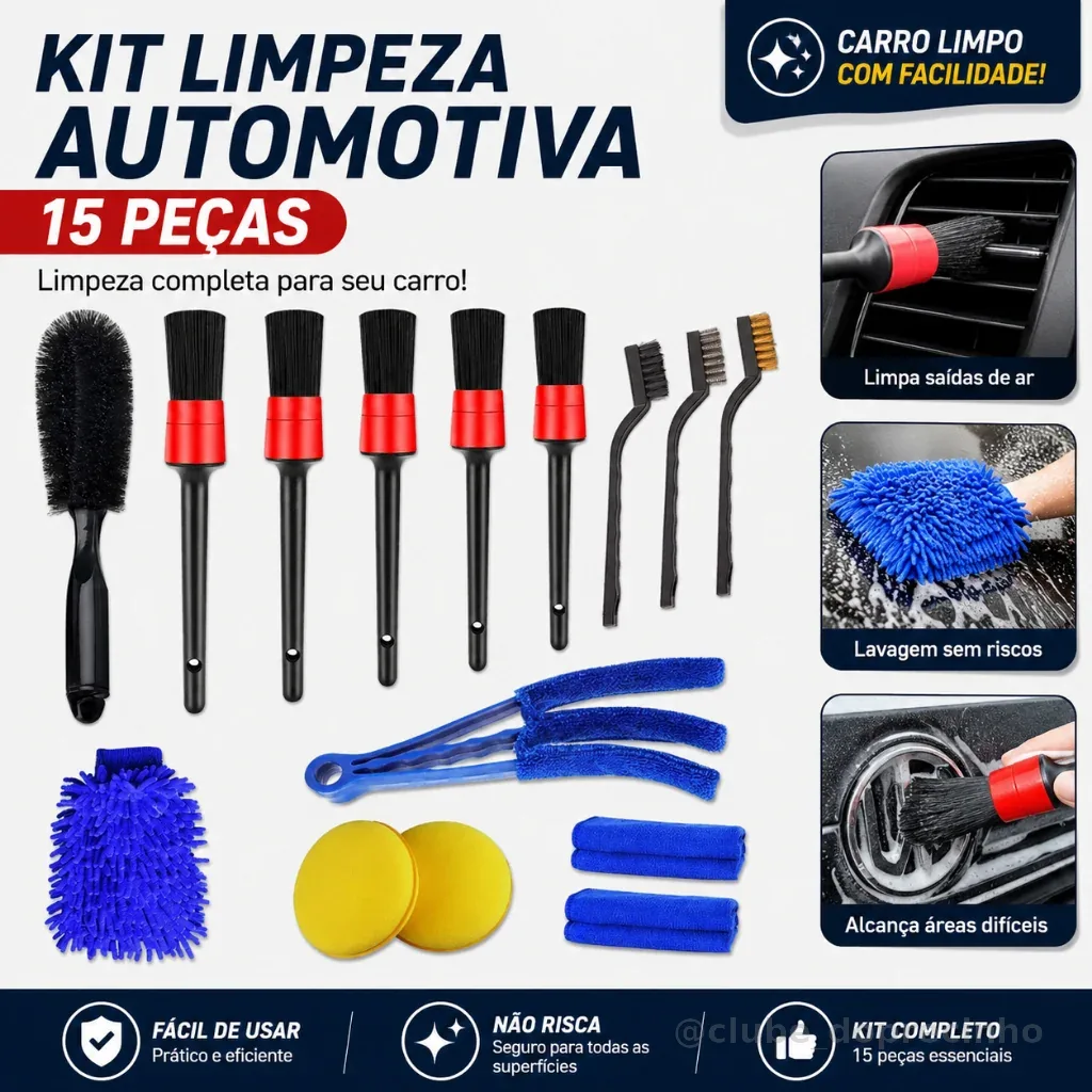 Kit 15 Peças Lavagem Automotiva Esponja + Escova + Flanela 30x40cm + Aplicador de Cera + Luva Microfibra + Pincel