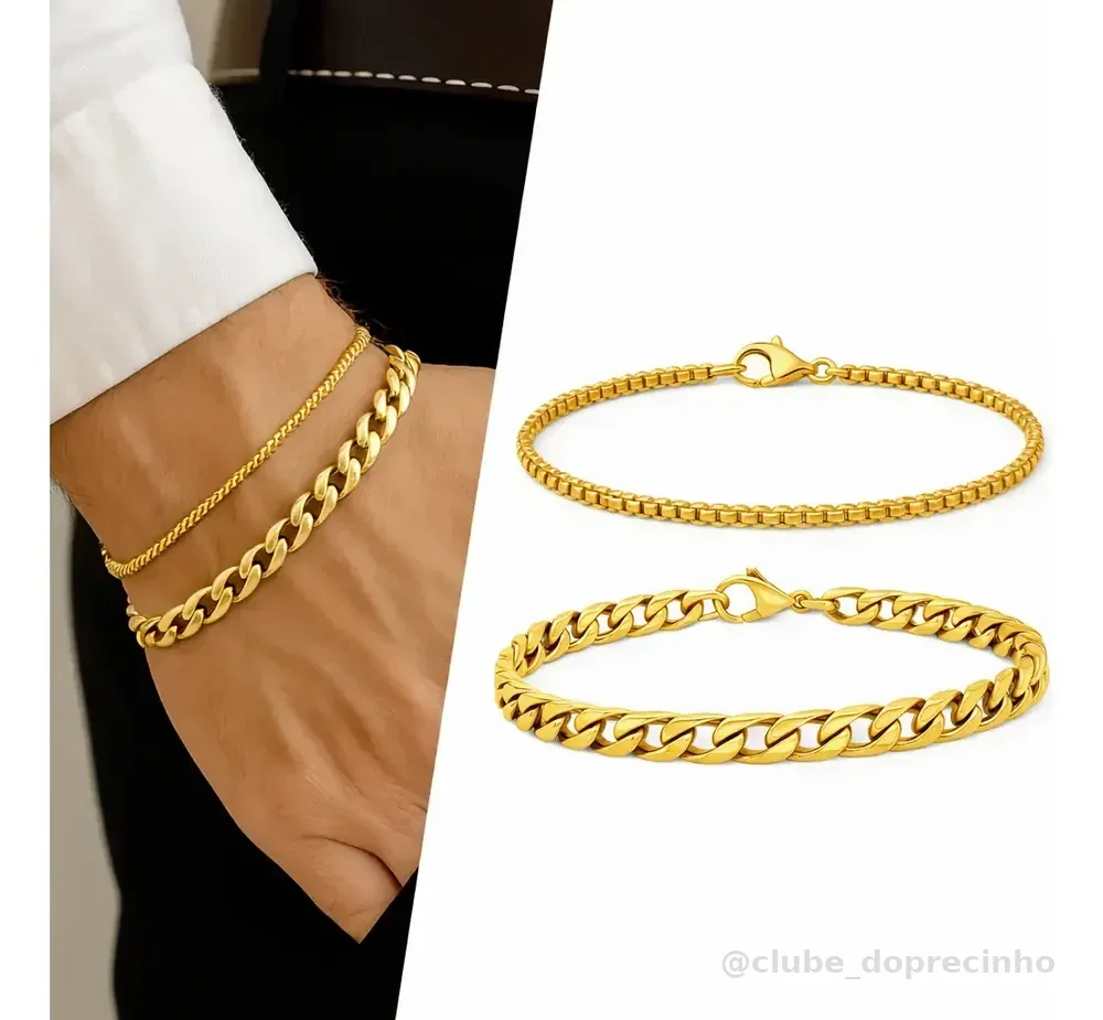 Kit 2 Pulseiras Masculinas Banhadas A Ouro Grumet Veneziana Dourado 21 Cm