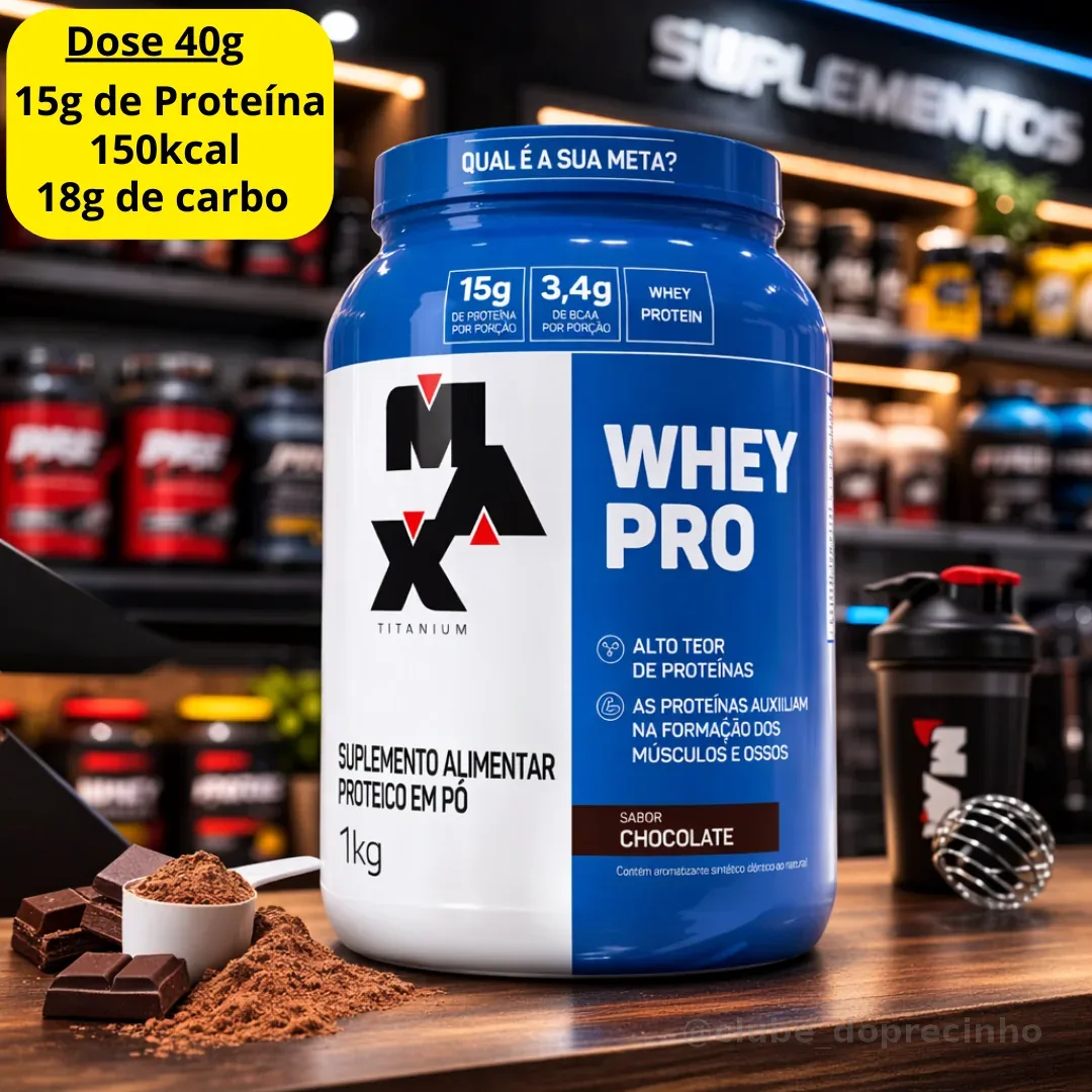 Whey Protein 1kg Whey Pro Max Titanium Sabor Chocolate BCAA e Aminoácidos