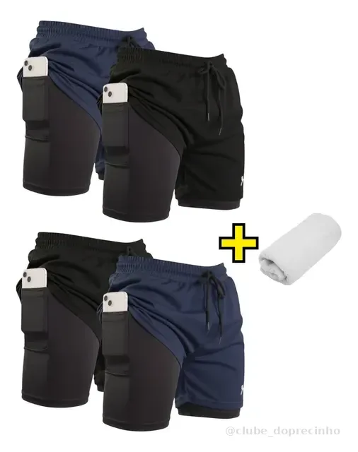 Kit 4 Shorts Duplo 2 Em 1 Masculino Plus Size Academia Uv