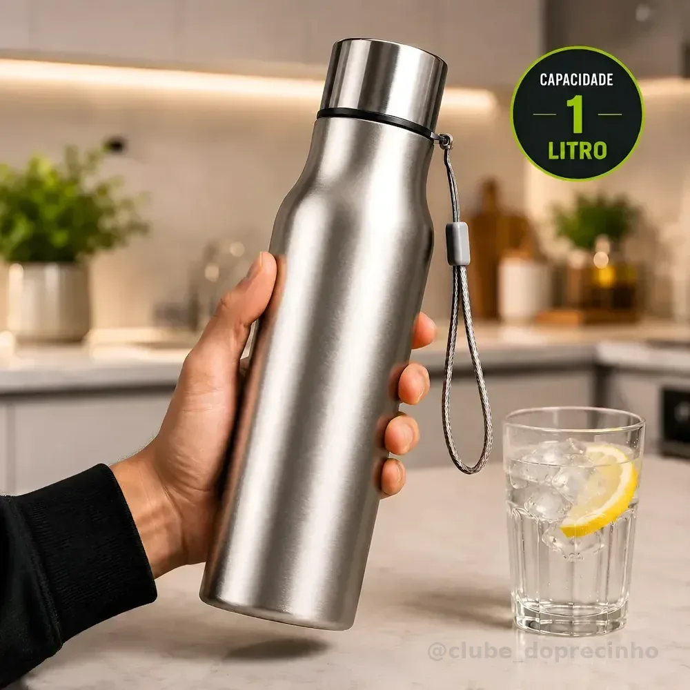 Garrafa Água Suco Aço Inox 1 Litro Academia Com Alça Premium Prateado