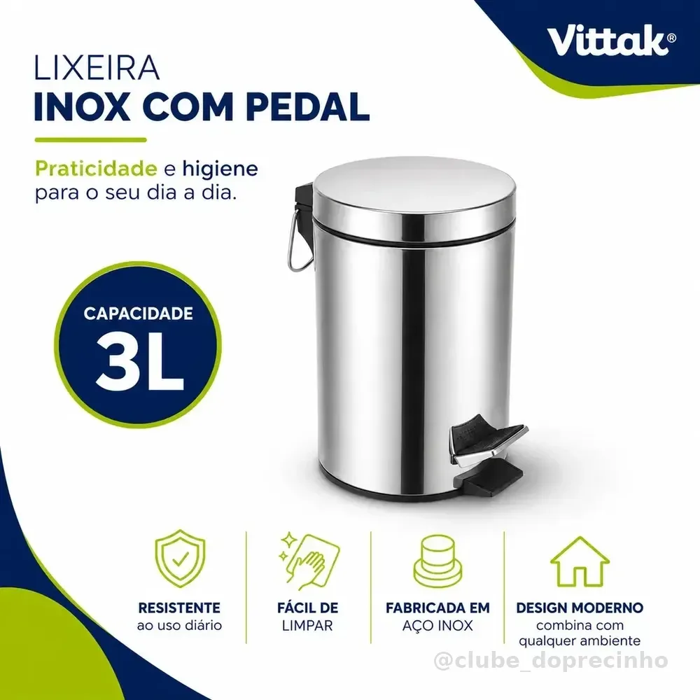 Vittak Lixeira Inox 3l Cesto Lixo Cozinha Banheiro Pedal E Balde