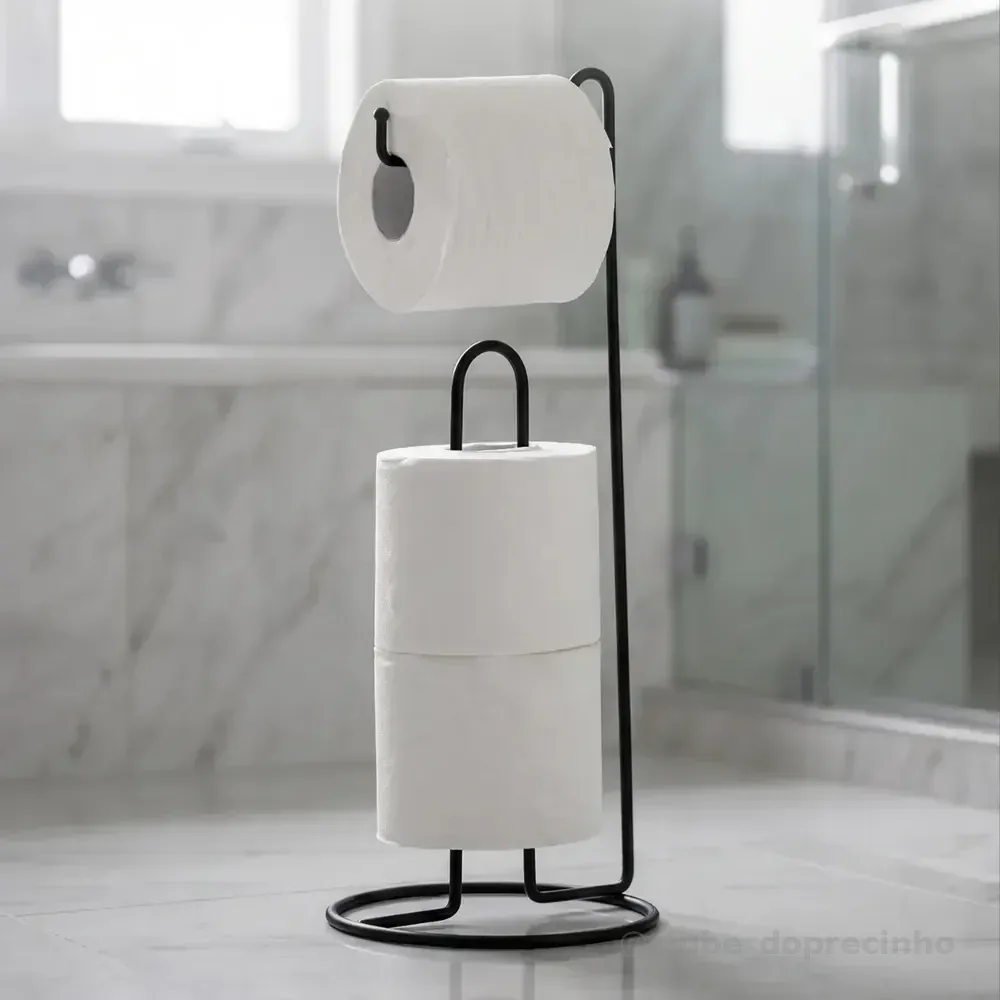Suporte Chão Porta Papel Higiênico para Banheiro Sem Furo Resistente Preto 3 Rolos Sólar