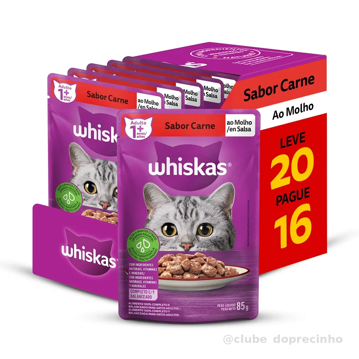 Pack Ração Úmida Whiskas Sachê Carne ao Molho para Gatos Adultos - Leve 20 Pague 16