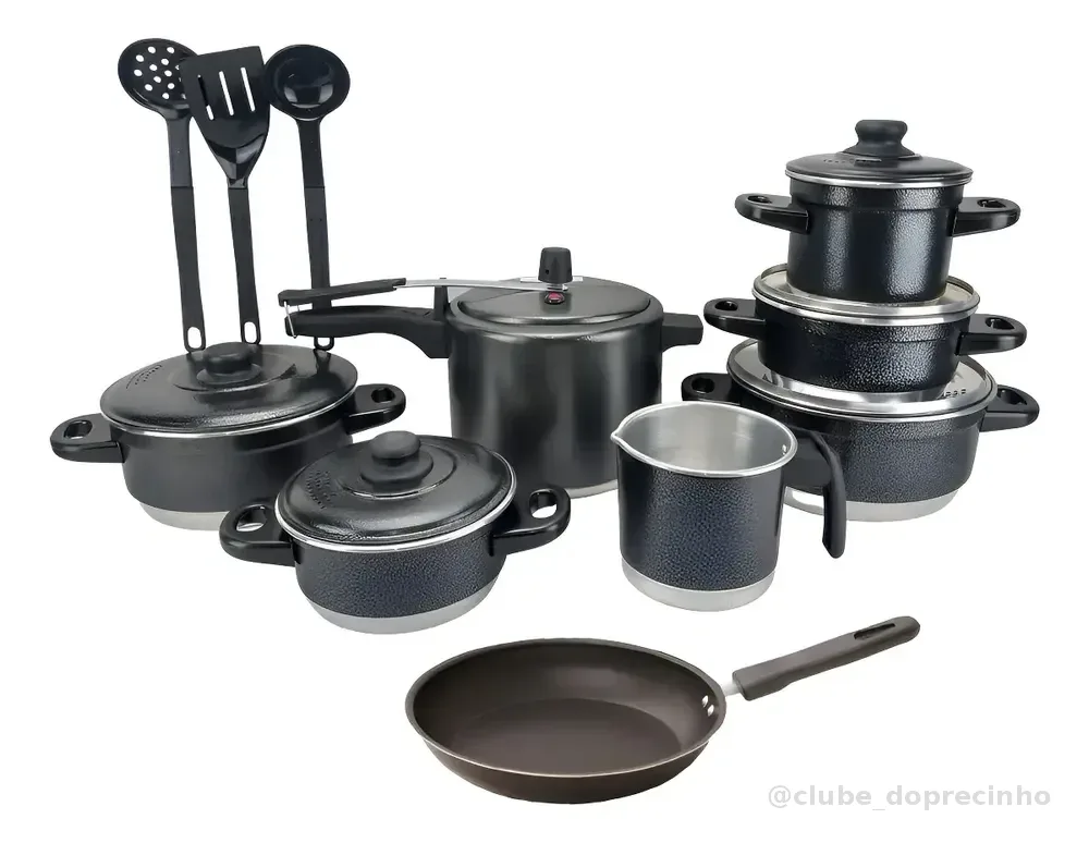 Jogo de Panelas Extra Forte Luxo 12 Peças com Panela de Pressão e Frigideira Antiaderente Preto Craqueado