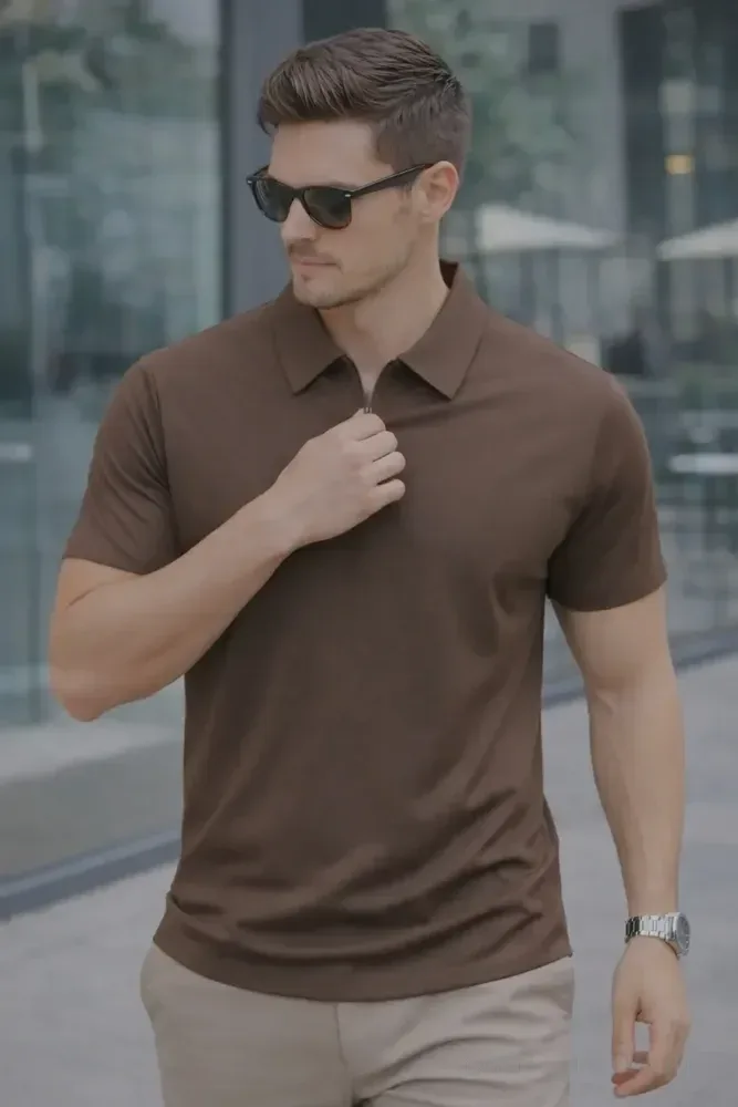 Camisa Polo Zíper Masculina Slim Fit Tecnológica Marrom Lisa P