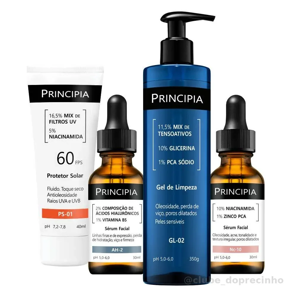 Principia Kit Primeira Rotina Avançada c/ Gel de Limpeza GL-02 + Sérum Nc-10 + Sérum AH-2 + Protetor Solar PS-01 FPS60