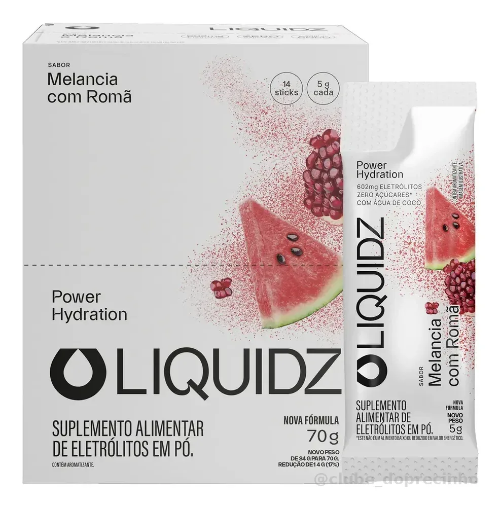 LIQUIDZ® - Eletrólitos Zero Açúcares - Sabor Melancia com Romã - Kit 1 Caixa - 14 sachês