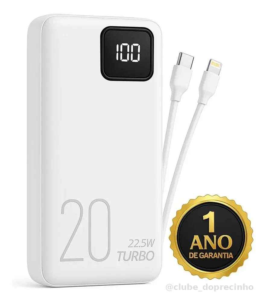 Carregador Portátil Power Bank Turbo 20000mah Universal Para iPhone Samsung Motorola Xiaomi 20w Com Display Digital Cor Branco Dtimp
