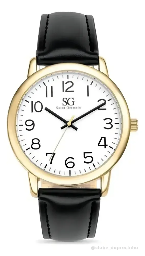 Relógio Masculino Dourado Saint Germain Correia De Couro Preto Caixa Dourada Fundo Branco 40mm Elegante Clássico
