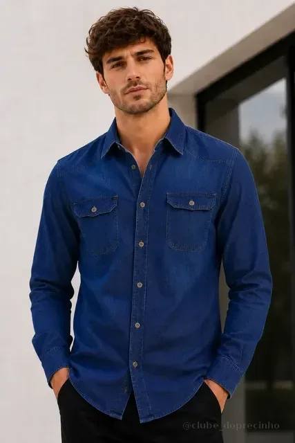 Camisa Jeans Slim Manga Longa Masculina