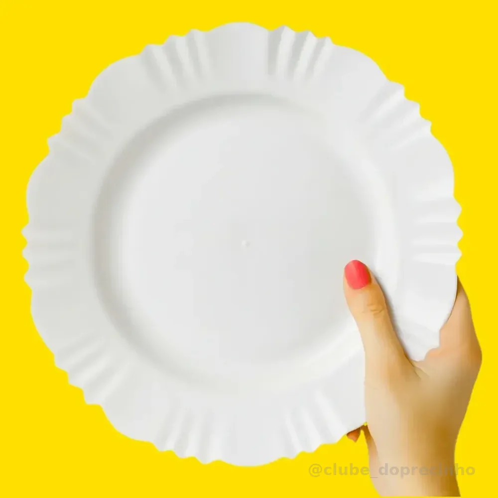 Kit Prato Plástico Reutilizável Fundo Merenda Lanche Escolar Branco Pétala