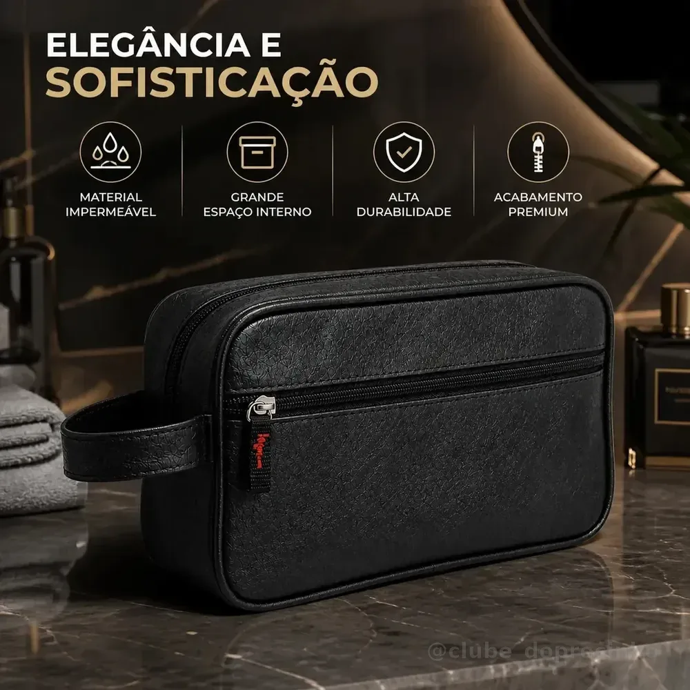 Necessaire Executiva Estojo De Toalete Bolsa Para Cosmético Couro Sintético Compartimento Grande + Ziper Lateral Qualidade Tche Amo Cor Preta