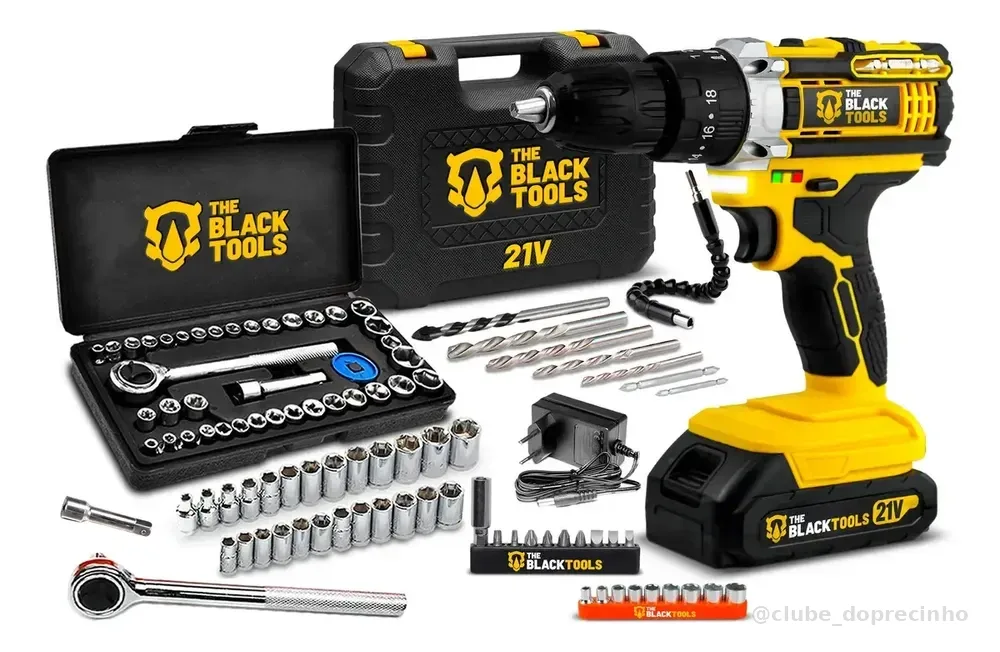 Parafusadeira E Furadeira De Impacto Tb-21pw 21v 3/8 The Black Tools Com Jogo De Soquetes 40 Peças