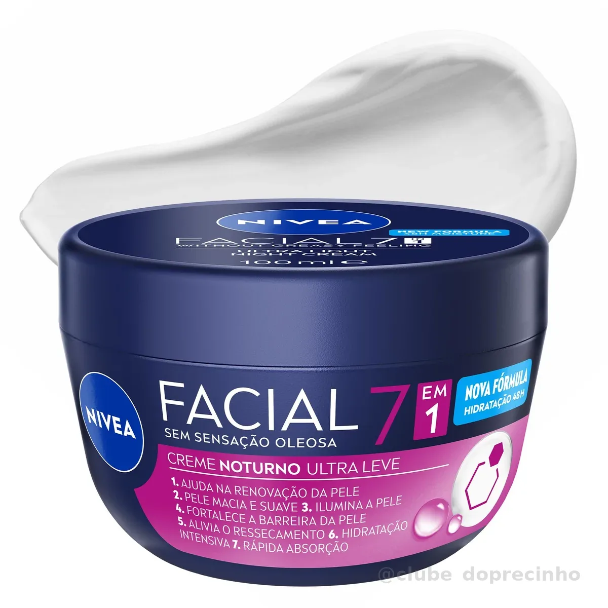 NIVEA Creme Facial Noturno Ultraleve 7 em 1 100g, Renovação da Pele, Hidratação 48h, Pró-Vitamina B5, Cuidado Facial Noturno