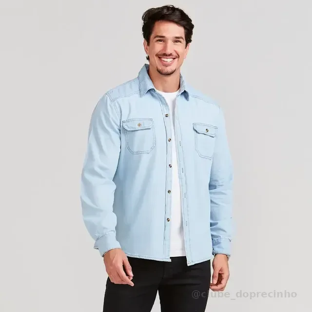 Camisa Jeans Masculina Social Slim Manga Longa
