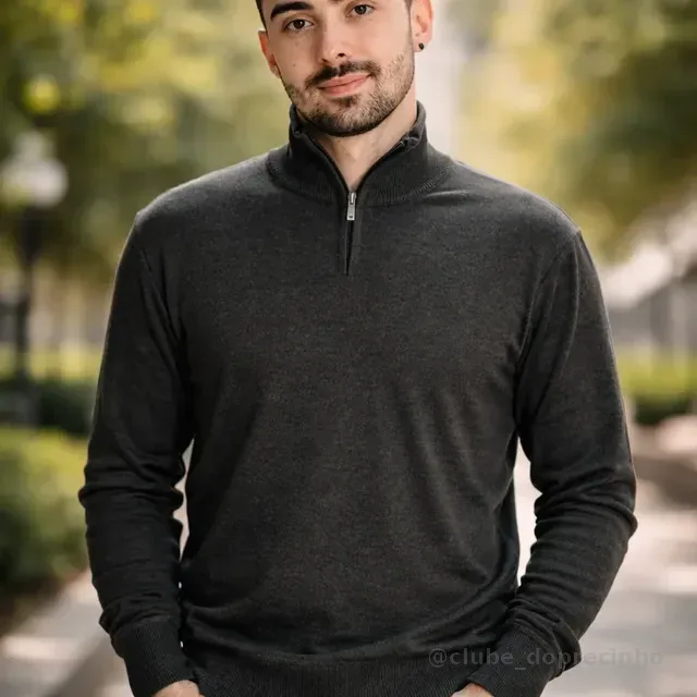 Suéter Masculino Anistia Malha Tricot Gola Alta Meio Zíper