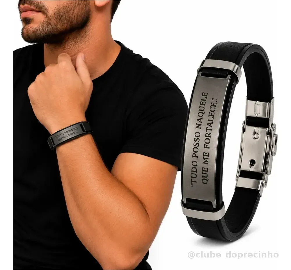 Pulseira Couro Masculina Tudo Posso Verniz Trava Gospel 2 Cm 0 Mm