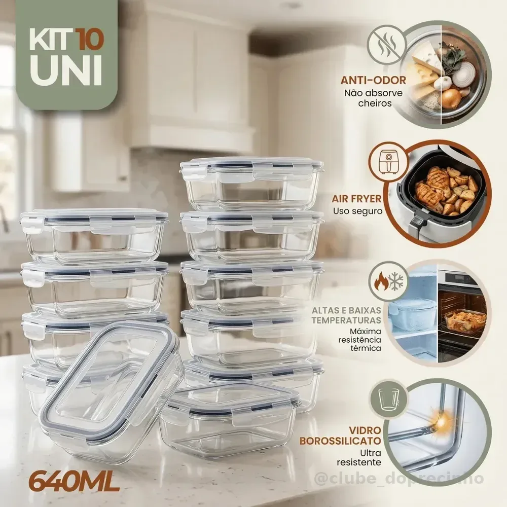 Kit 10 Pote De Vidro Marmita Hermético 640ml Freezer Fitness Rishon