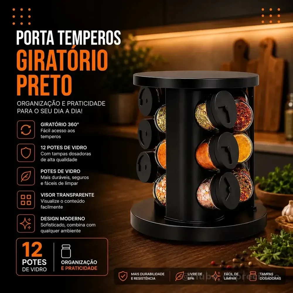 Porta Temperos Condimentos 9 Unidades Potes Vidro Base Giratória Preto Organizador Cozinha Dosador Hold On
