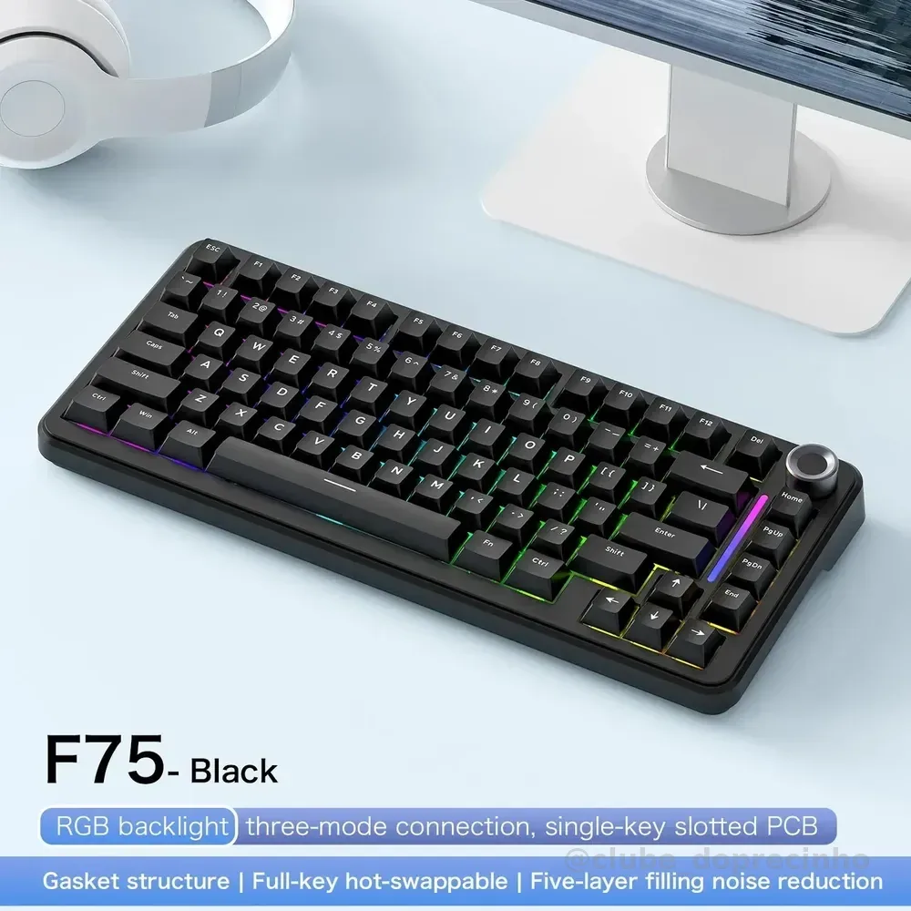 Teclado Mecânico F75 Sem Fio 75% Rgb Preto
