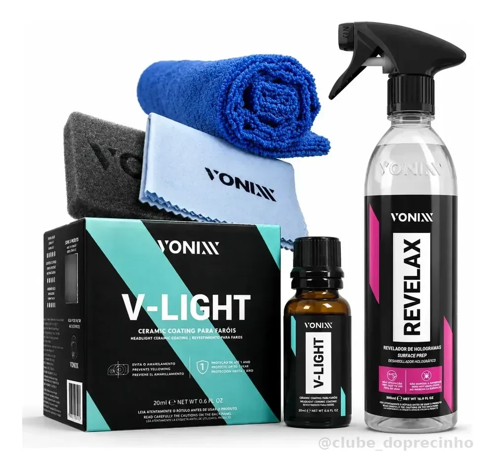 Vitrificador de Faróis Vonixx V-Light 20ml + Revelax Limpeza e Proteção