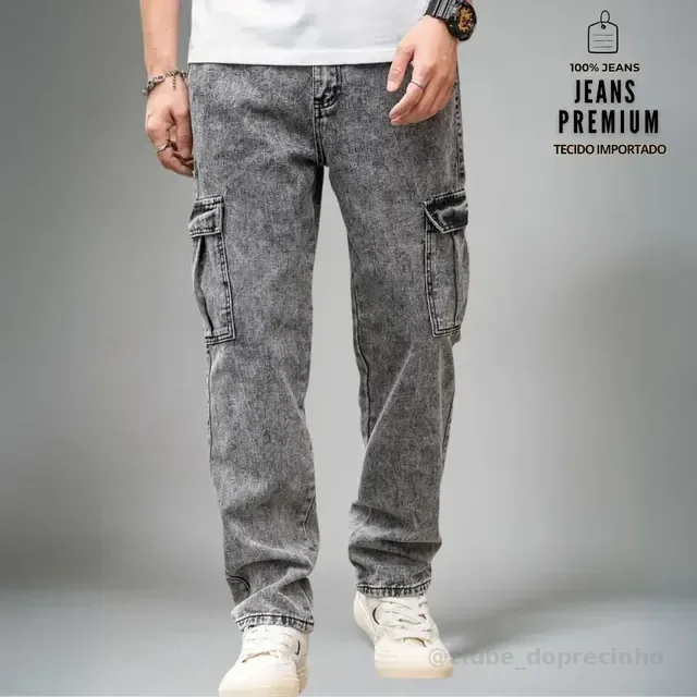 Calça Jeans Cargo Baggy Masculina Streetwear Mesclada P A Gg
