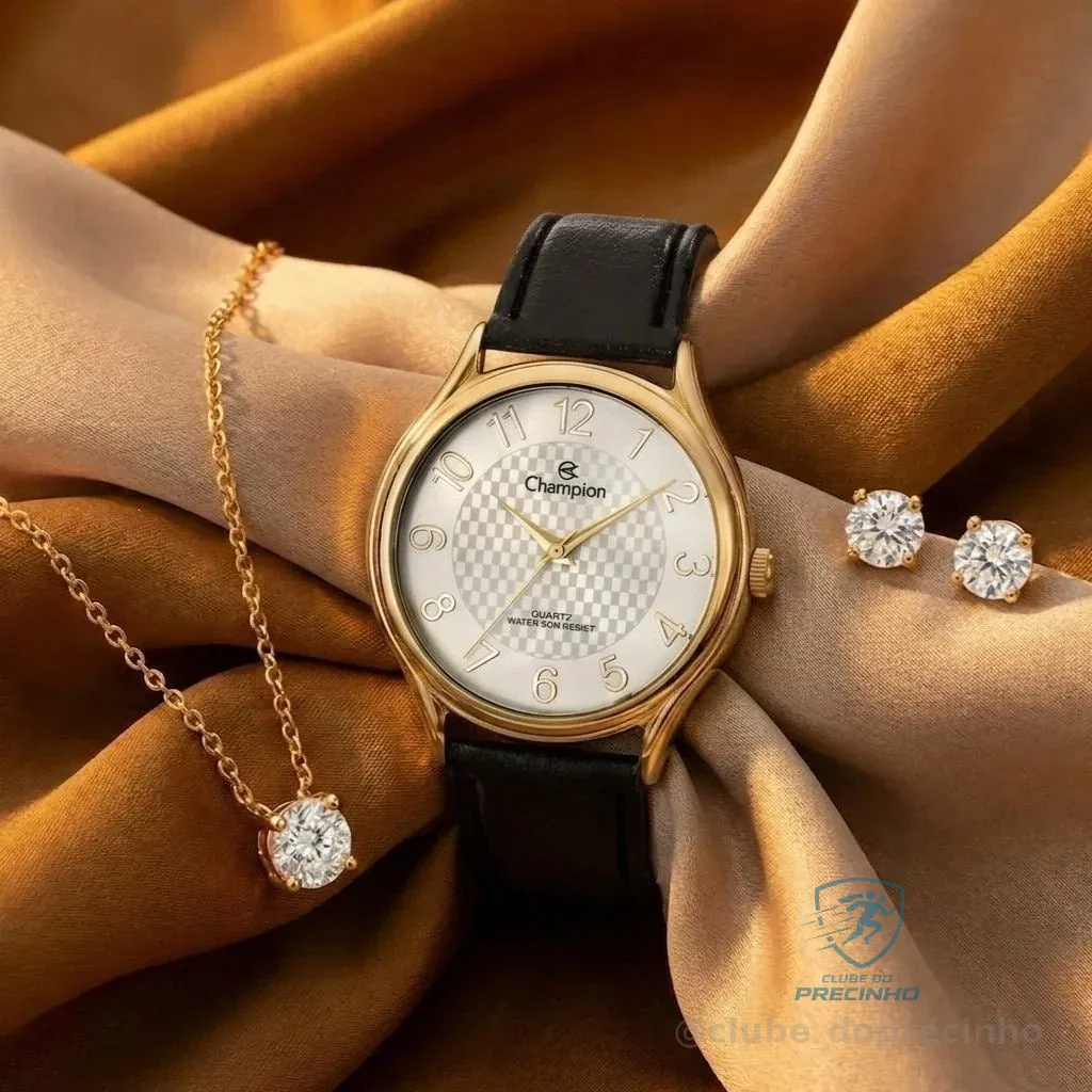 Relógio Champion Feminino Dourado Couro Luxo Kit Brincos Preto Como Na Foto